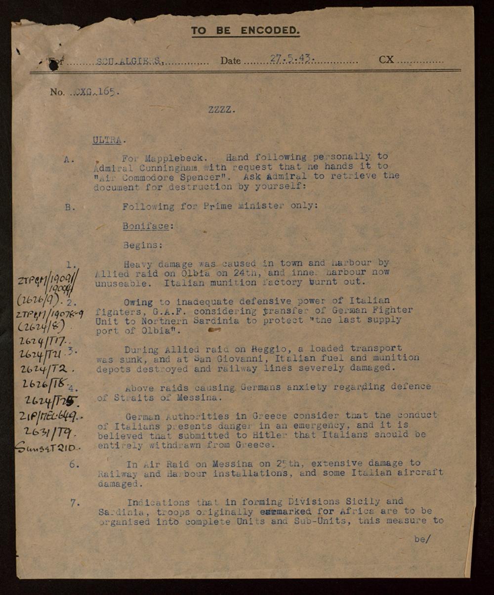 Government Code and Cypher School Signals Intelligence Passed to the