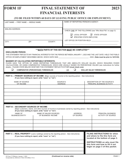 FORM 1F FINAL STATEMENT OF 2023 FINANCIAL INTERESTS - (TO BE FILED WITHIN  60 DAYS OF LEAVING PUBLIC OFFICE OR EMPLOYMENT) | Policy Commons