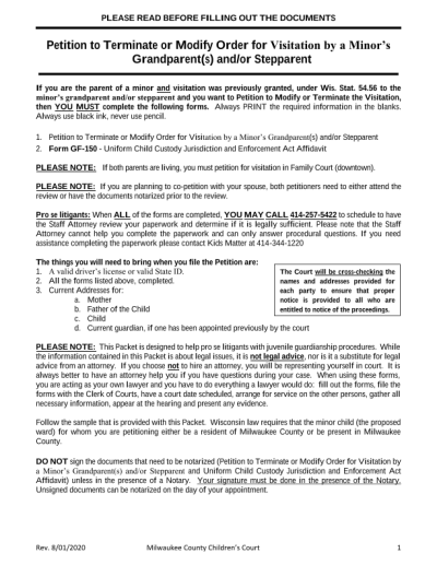 PLEASE READ BEFORE FILLING OUT THE DOCUMENTS - Petition to Terminate or  Modify Order for Visitation by a Minor's Grandparent(s) and/or Stepparent |  Policy Commons