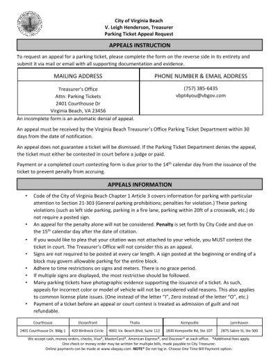 City of VirginiaBeach V. Leigh Henderson, Treasurer Parking Ticket Appeal  Request | Policy Commons